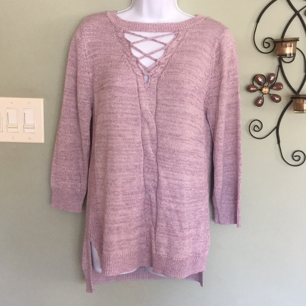 New York & Company Hi-Low Sweater Cutout Sparkly Lavender Purple Size M Knit Top